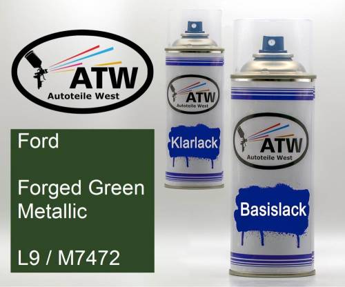 Ford, Forged Green Metallic, L9 / M7472: 400ml Sprühdose + 400ml Klarlack - Set, von ATW Autoteile West.